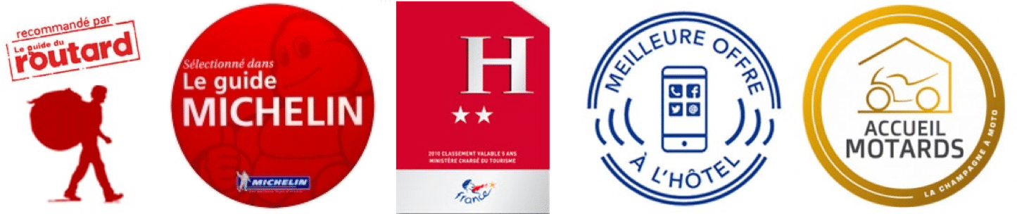 logos guide du routard, guide michelin, bienvenue à l'hôtel et meilleure offre à l'hôtel